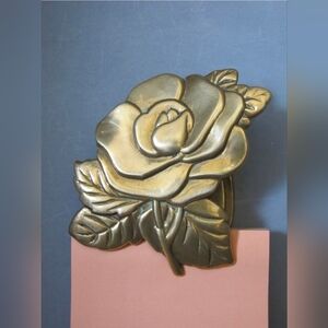 Vintage Brass Cabbage Rose Paper Holder / Spring Loaded Paper Clip / Garden Rose